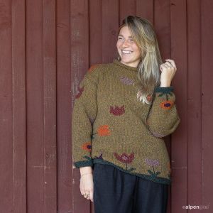 Wollpullover mit Tulpenmotiv Ocker Tragebeispiel